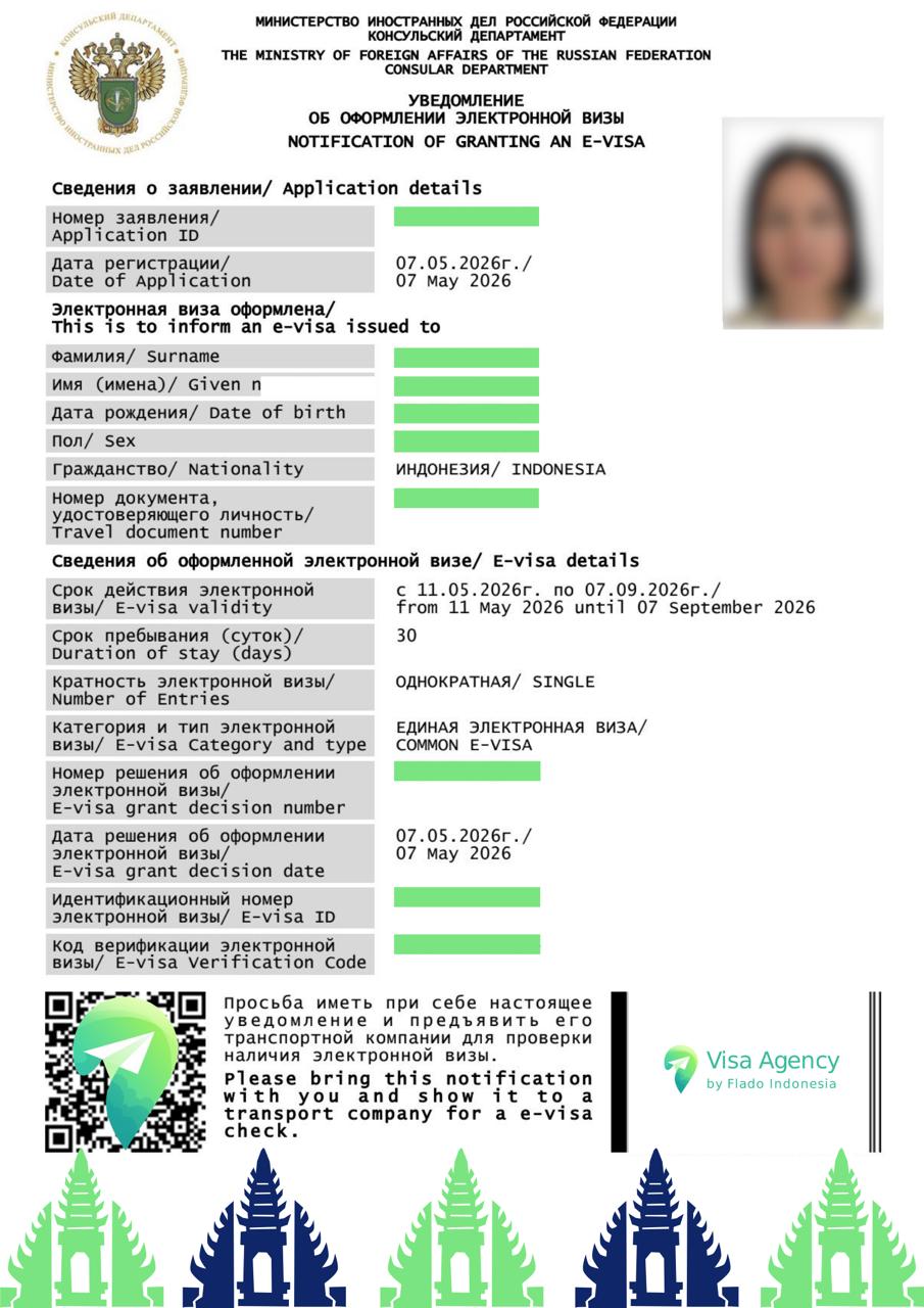 Example of an approved Electronic Visa E-Visa to Russia for 30 days single entry