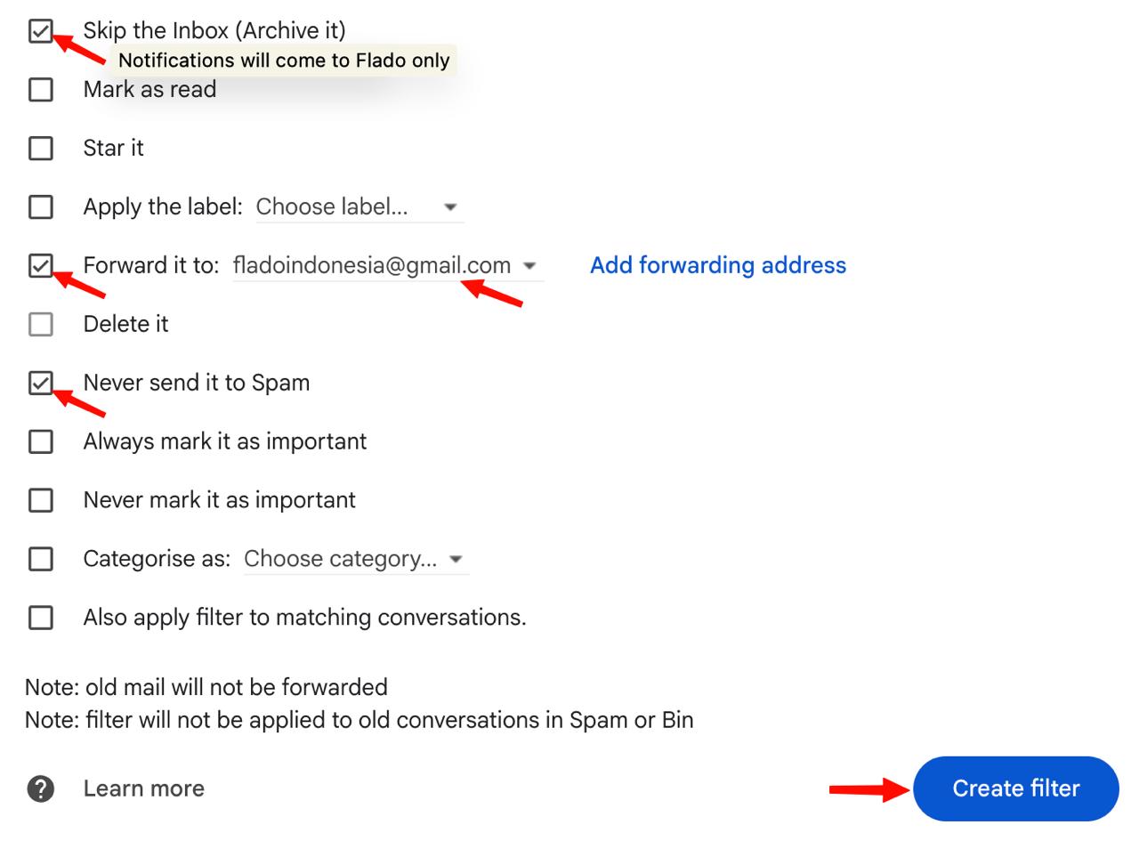 Forward Immigration emails to Flado and skip inbox