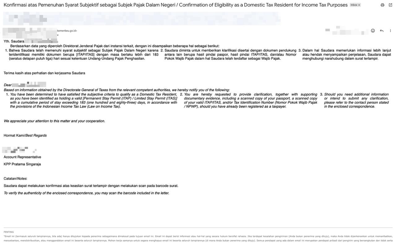 Example of Indonesian tax residency clarification letter for a foreign KITAS holder