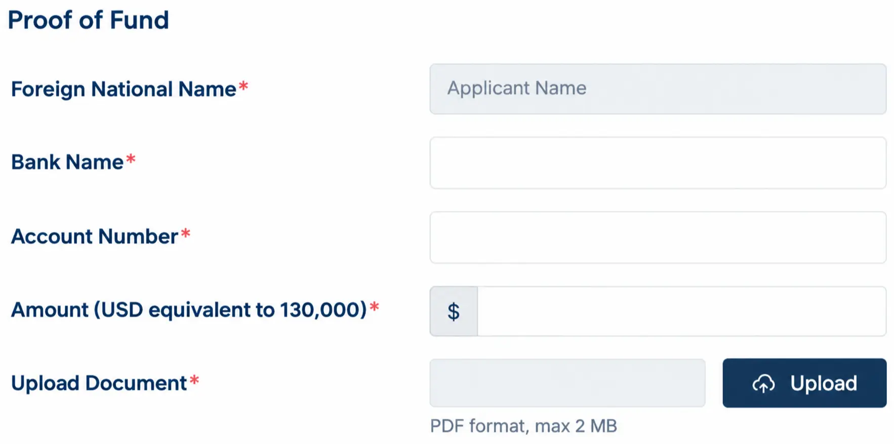 E33 Second Home Visa online Proof of Funds form with bank details, account number and USD 130000 requirement